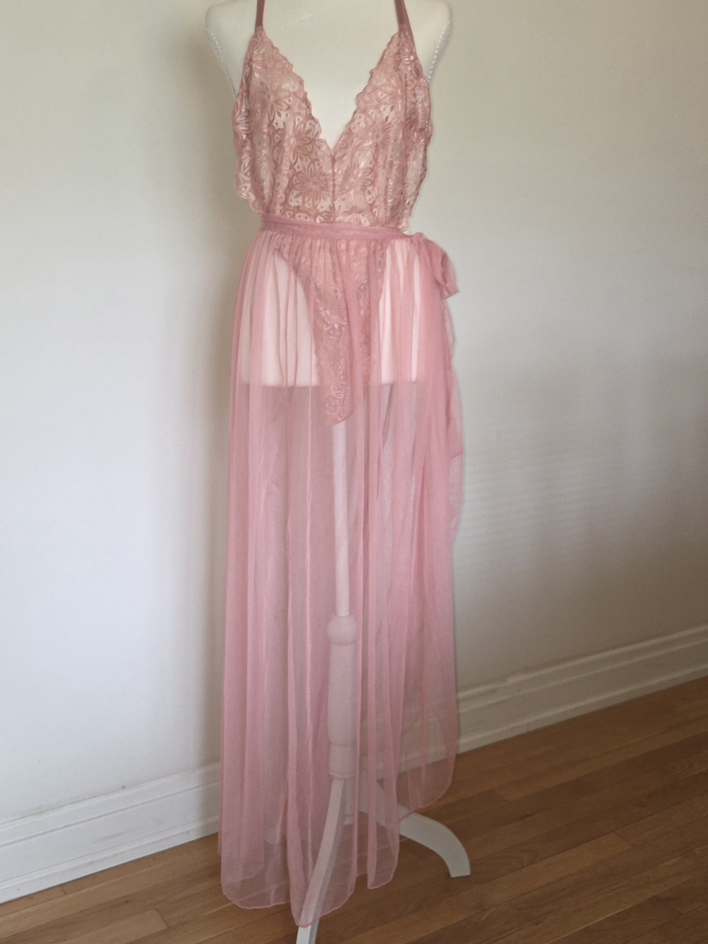 Dreamgirl Sheer Pink Lace & Tulle Maxi 2 Piece Nightgown